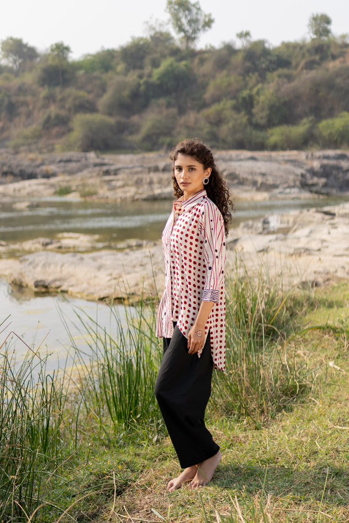 Off-White & Maroon Bagh Stripe & Dot Cotton Shirt – Tarang