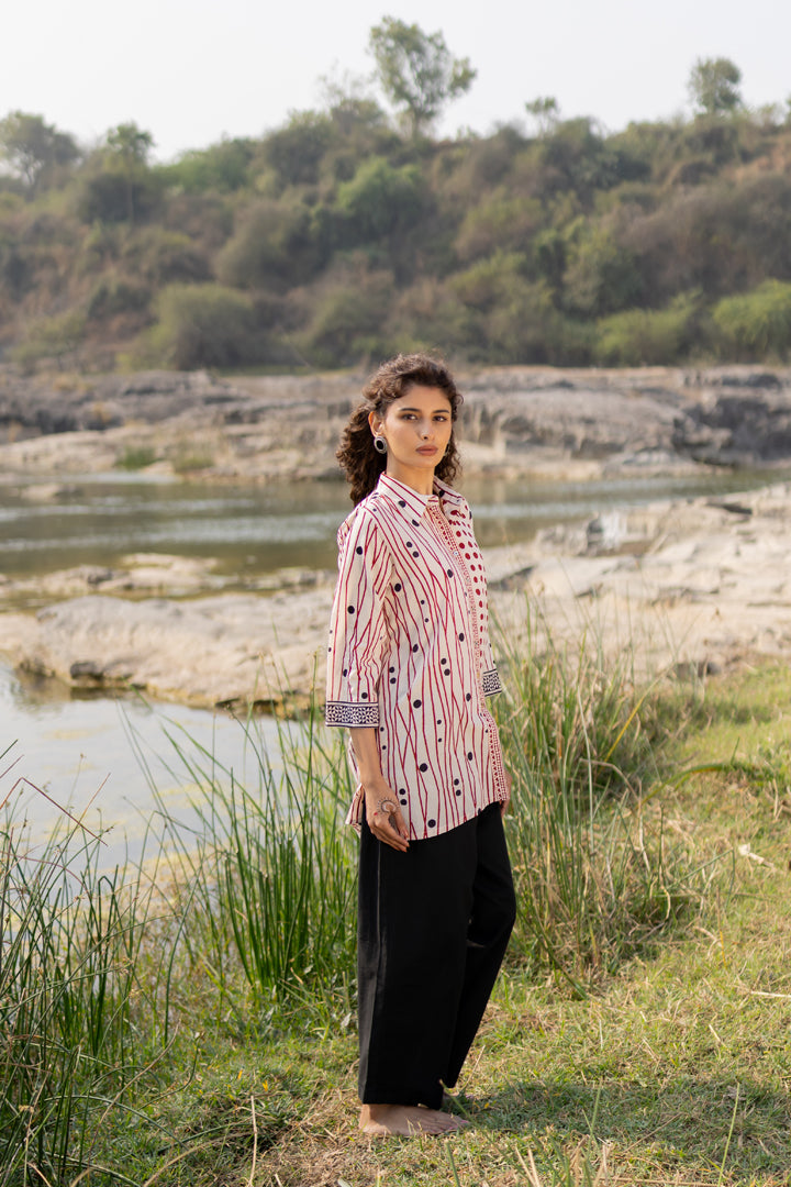 Off-White & Maroon Bagh Stripe & Dot Cotton Shirt – Tarang
