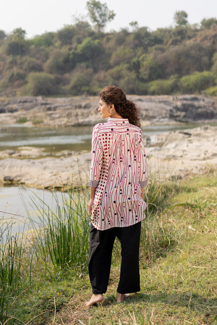 Off-White & Maroon Bagh Stripe & Dot Cotton Shirt – Tarang