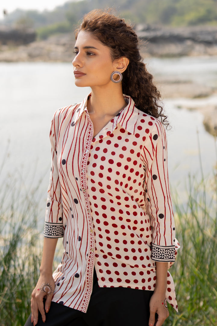 Off-White & Maroon Bagh Stripe & Dot Cotton Shirt – Tarang