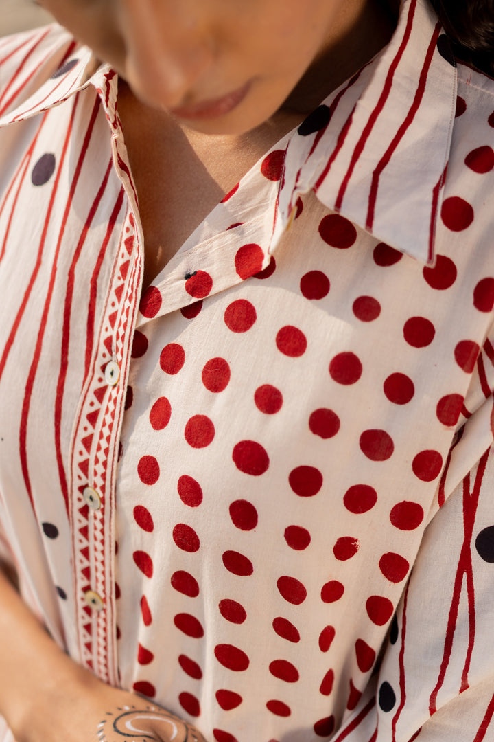 Off-White & Maroon Bagh Stripe & Dot Cotton Shirt – Tarang