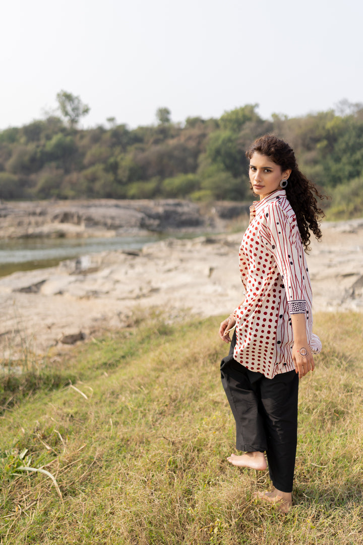 Off-White & Maroon Bagh Stripe & Dot Cotton Shirt – Tarang