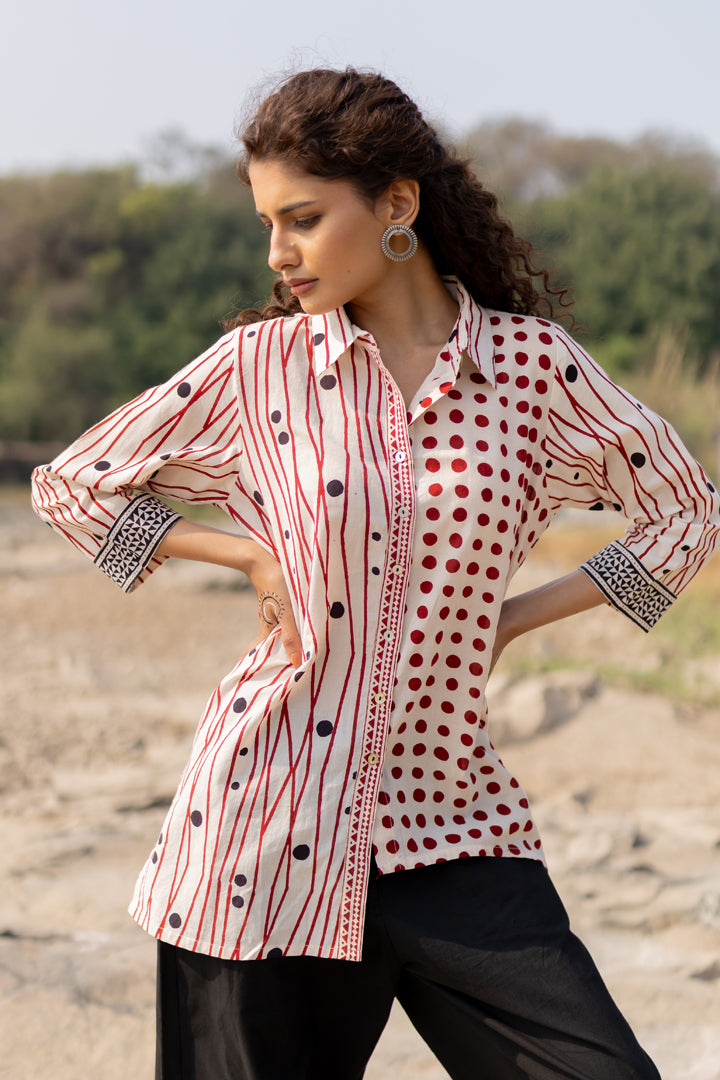 Off-White & Maroon Bagh Stripe & Dot Cotton Shirt – Tarang