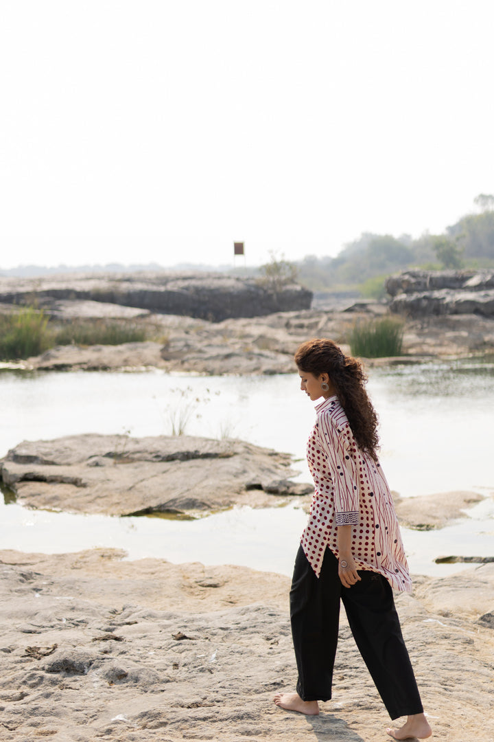Off-White & Maroon Bagh Stripe & Dot Cotton Shirt – Tarang