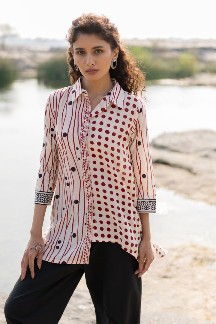 Off-White & Maroon Bagh Stripe & Dot Cotton Shirt – Tarang