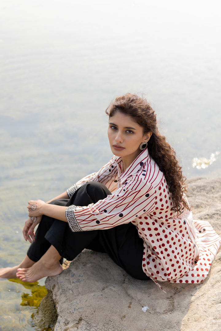 Off-White & Maroon Bagh Stripe & Dot Cotton Shirt – Tarang