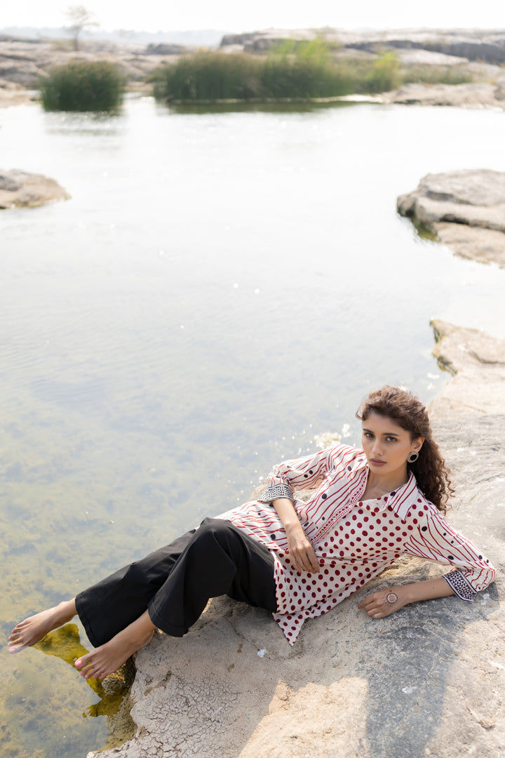 Off-White & Maroon Bagh Stripe & Dot Cotton Shirt – Tarang