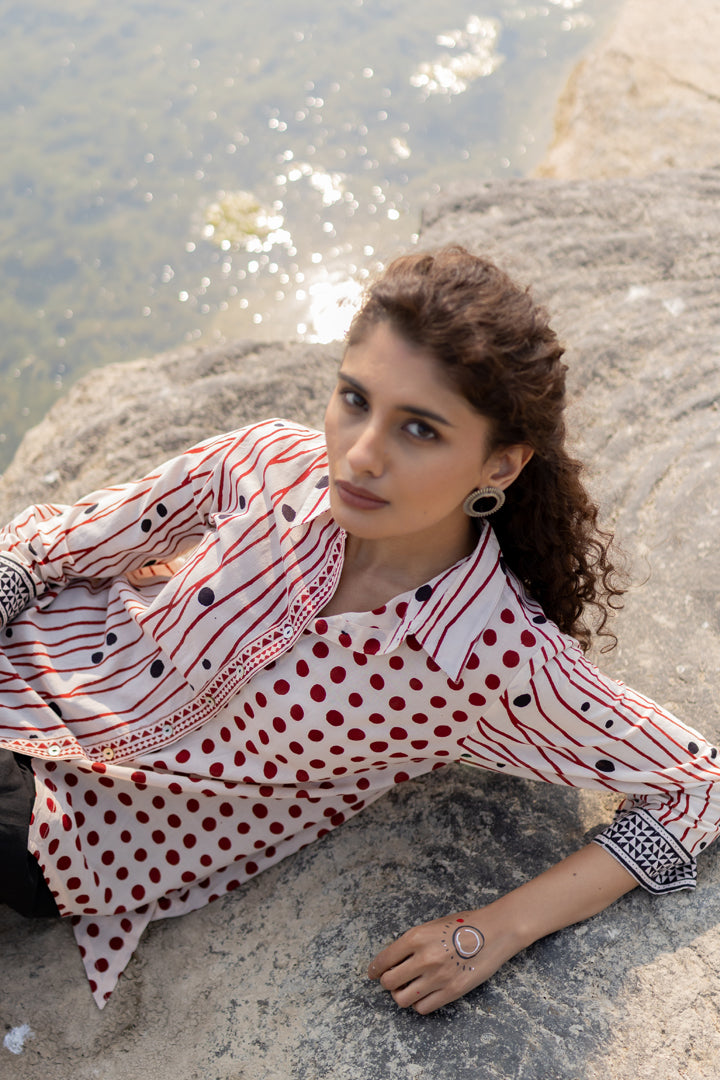 Off-White & Maroon Bagh Stripe & Dot Cotton Shirt – Tarang