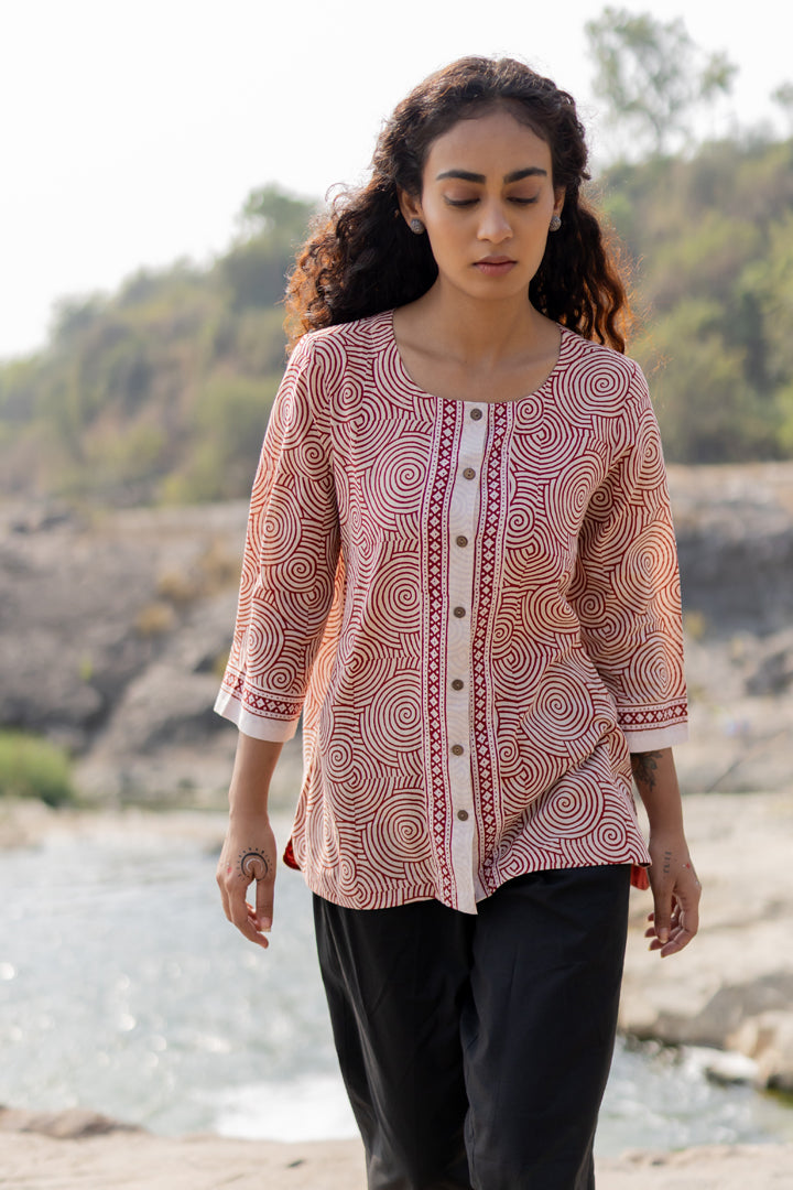 Bagh Spiral Motif Maroon Cotton Shirt – Tarang