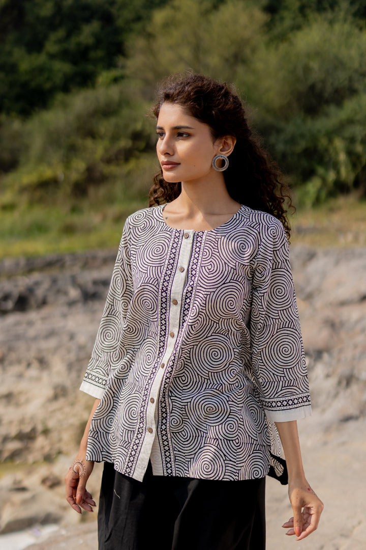 Bagh Spiral Motif Black Cotton Shirt – Tarang