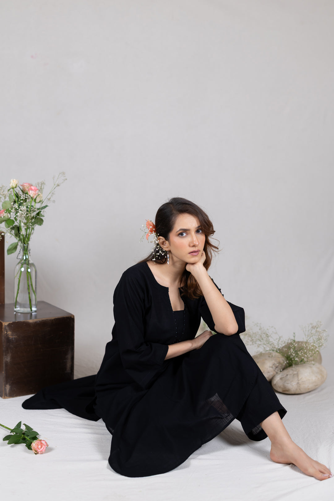 Cotton Kurta Cord Set in Solid Black for Women – Sahaj