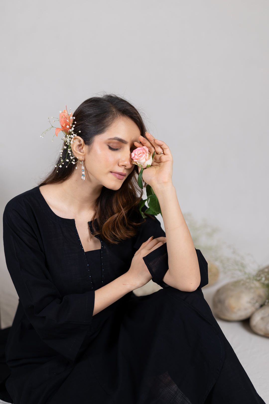 Cotton Kurta Cord Set in Solid Black for Women – Sahaj