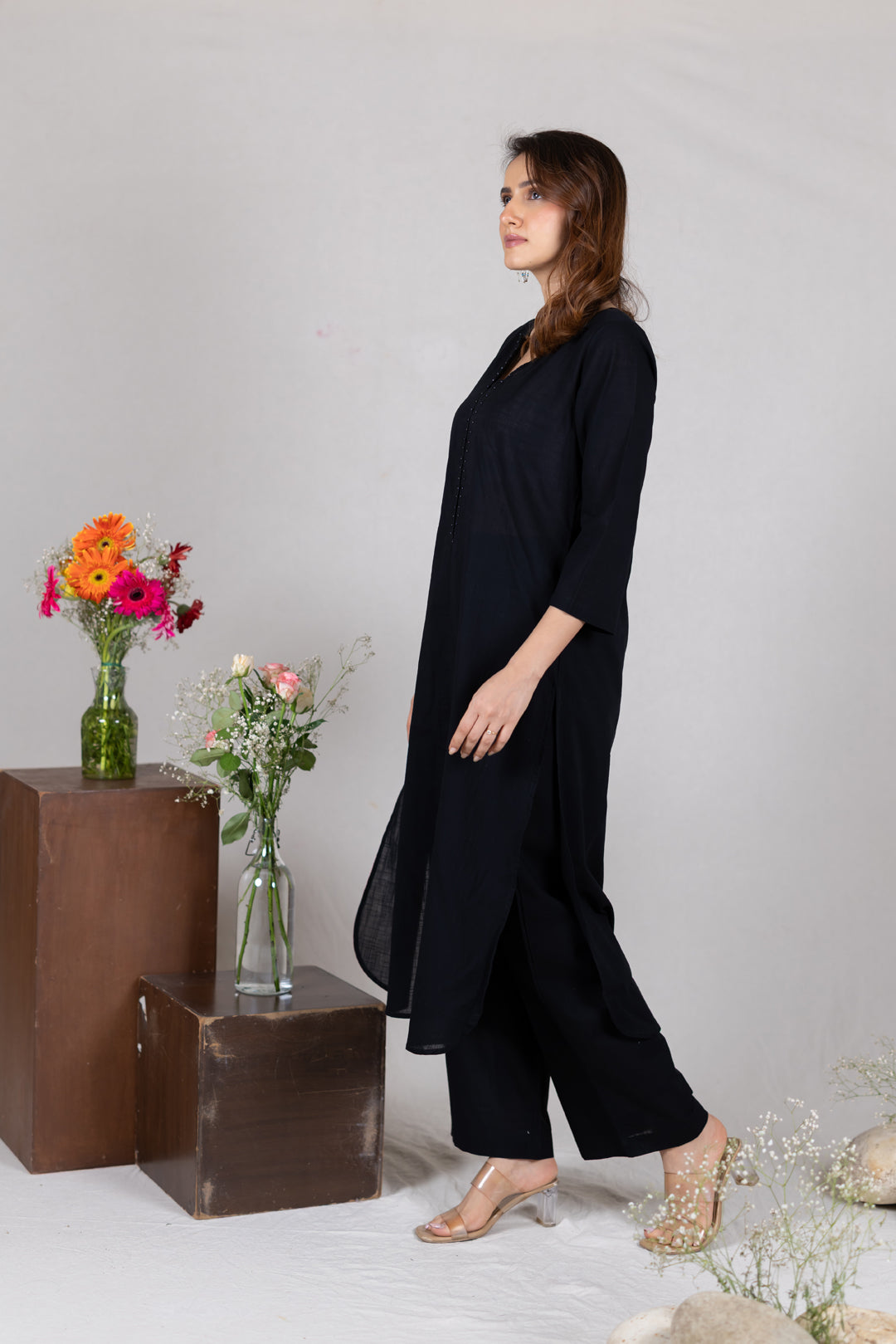 Cotton Kurta Cord Set in Solid Black for Women – Sahaj