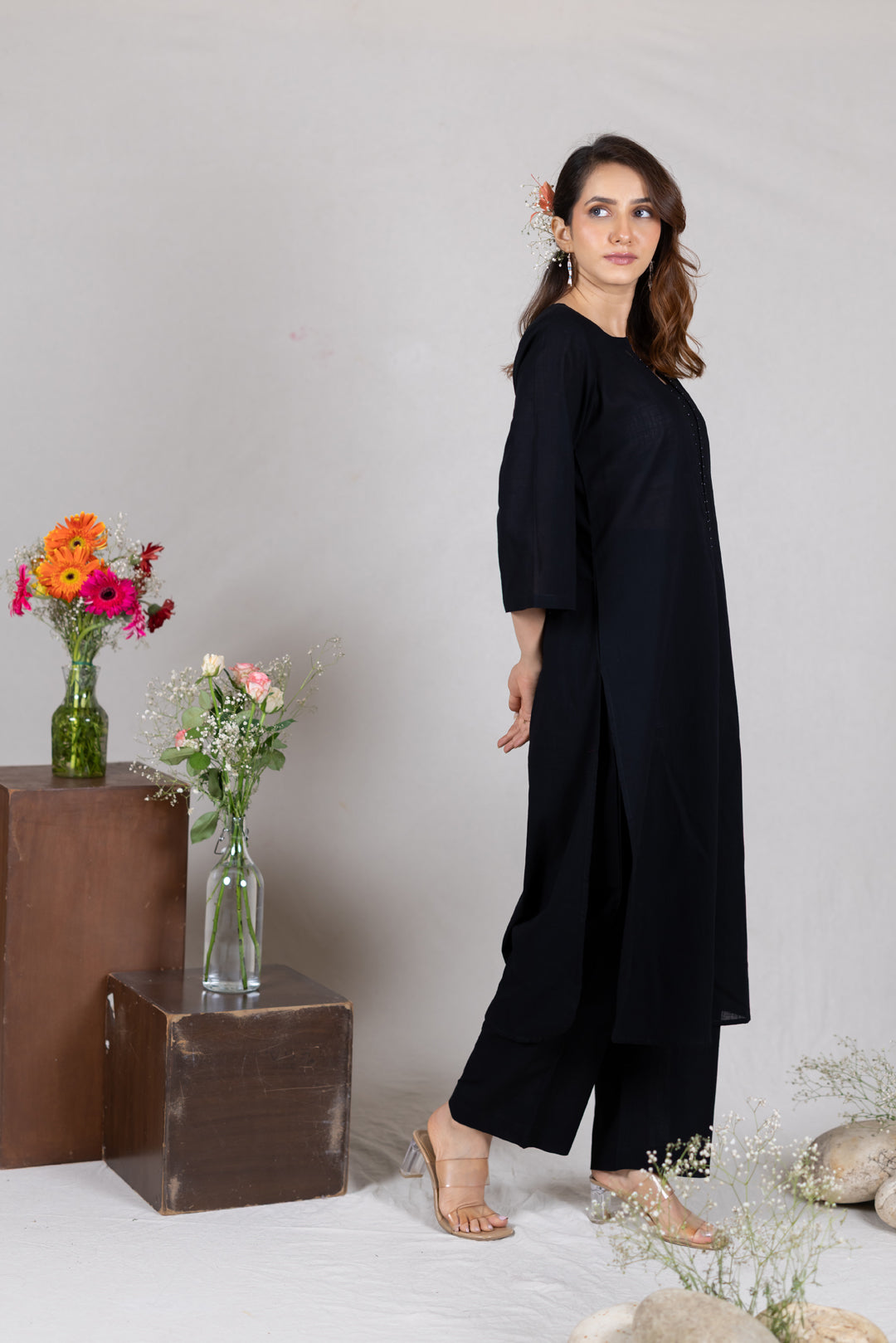 Cotton Kurta Cord Set in Solid Black for Women – Sahaj