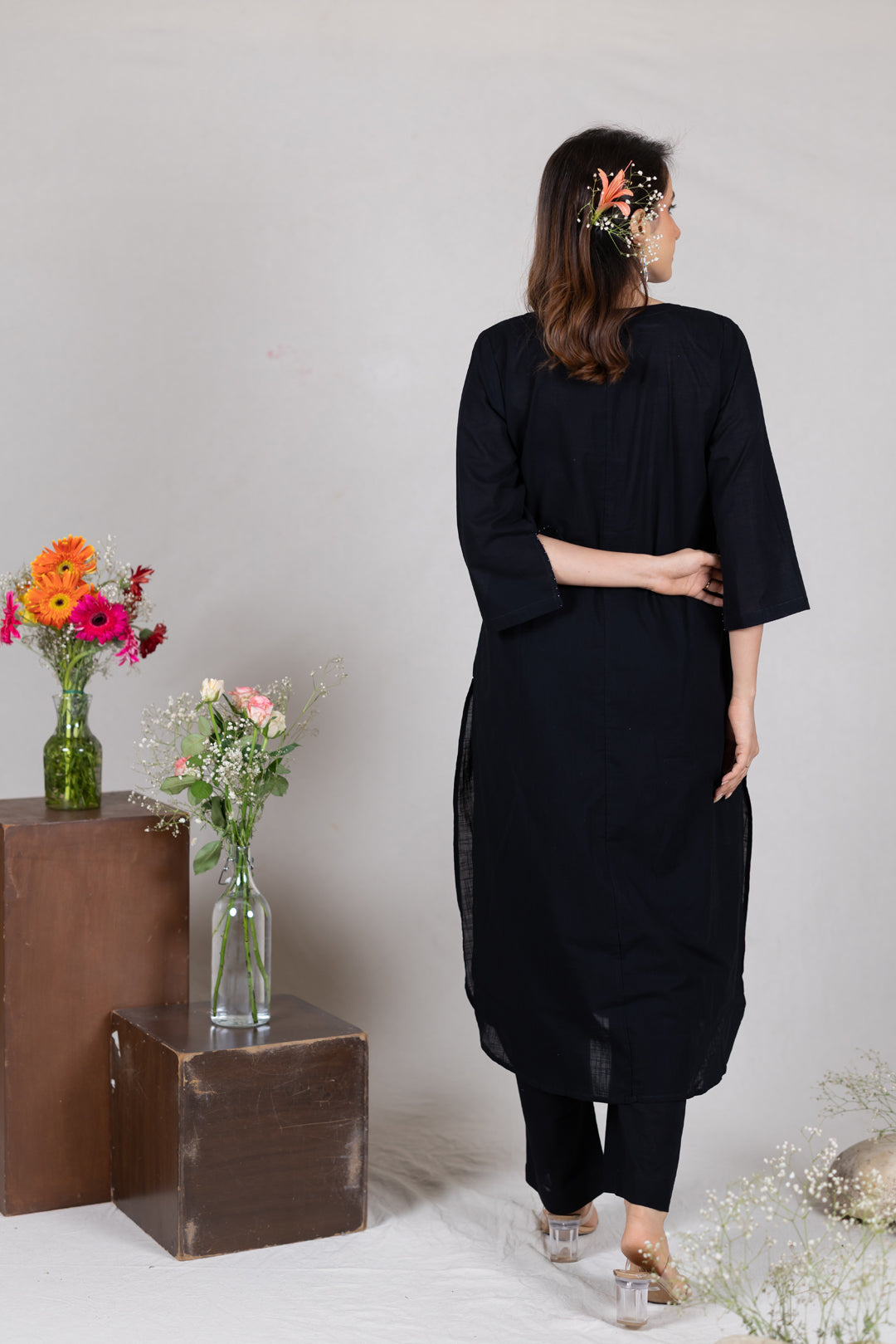 Cotton Kurta Cord Set in Solid Black for Women – Sahaj