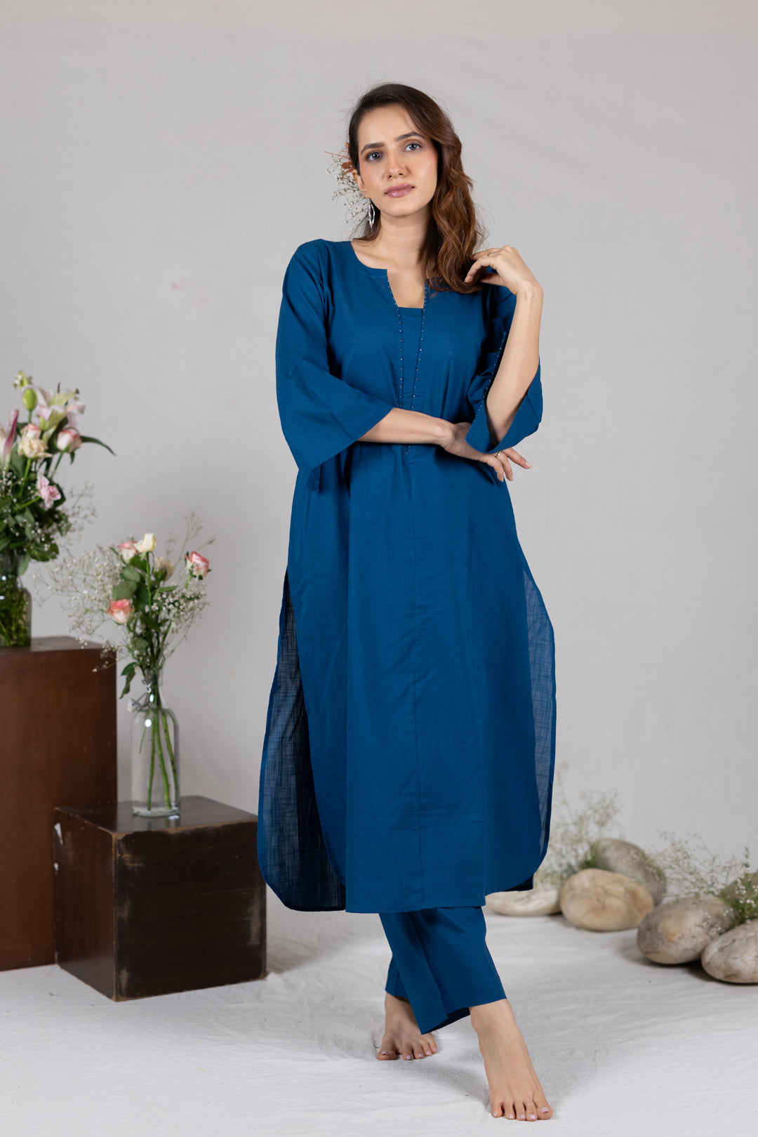 Cotton Kurta Cord Set in Solid Blue for Women – Sahaj