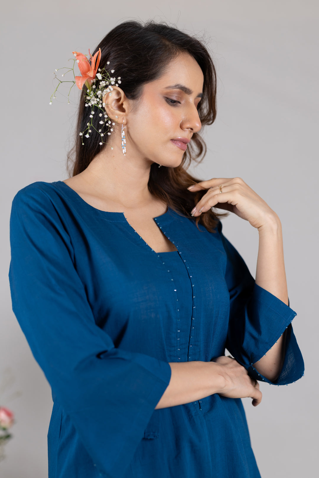Cotton Kurta Cord Set in Solid Blue for Women – Sahaj