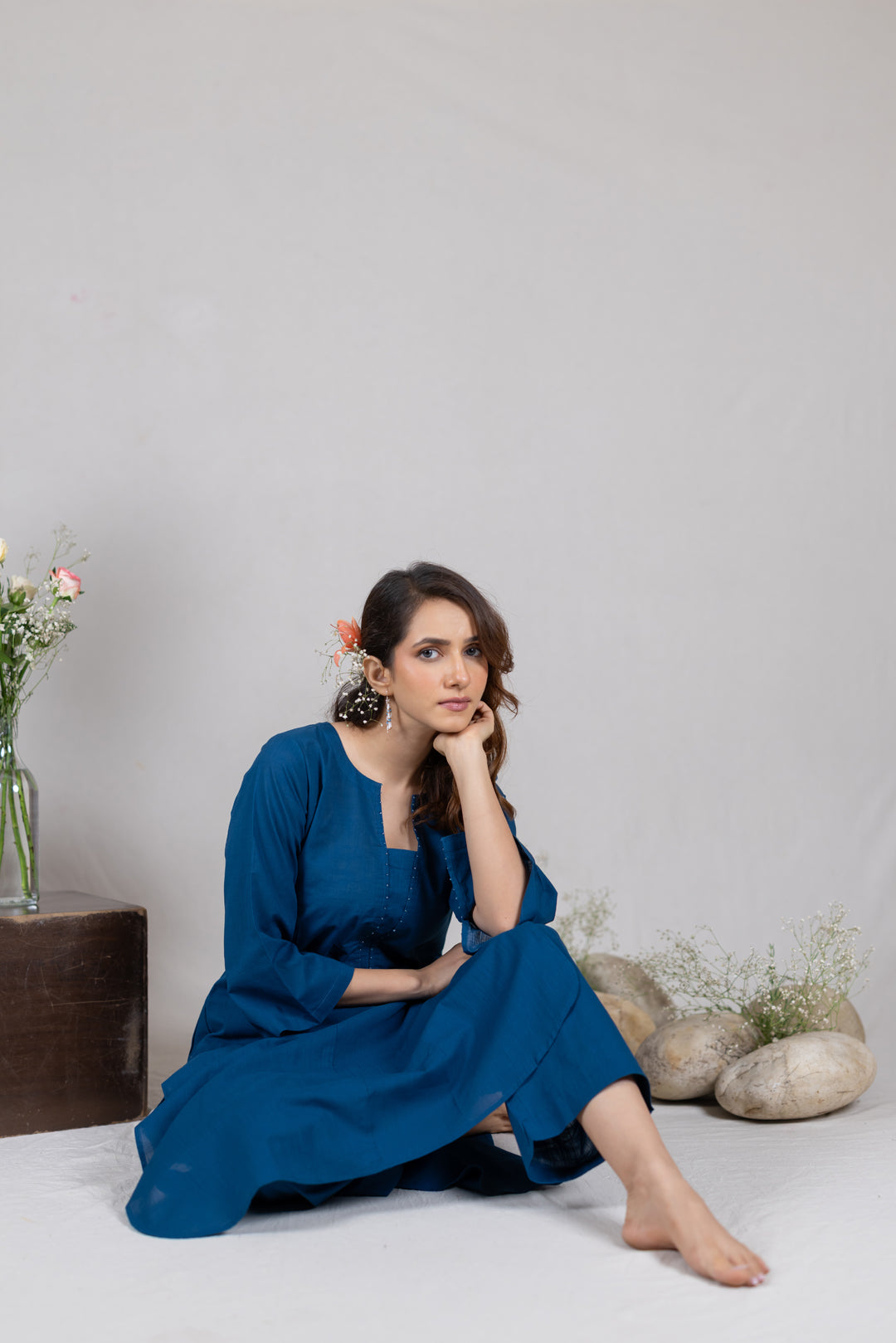 Cotton Kurta Cord Set in Solid Blue for Women – Sahaj