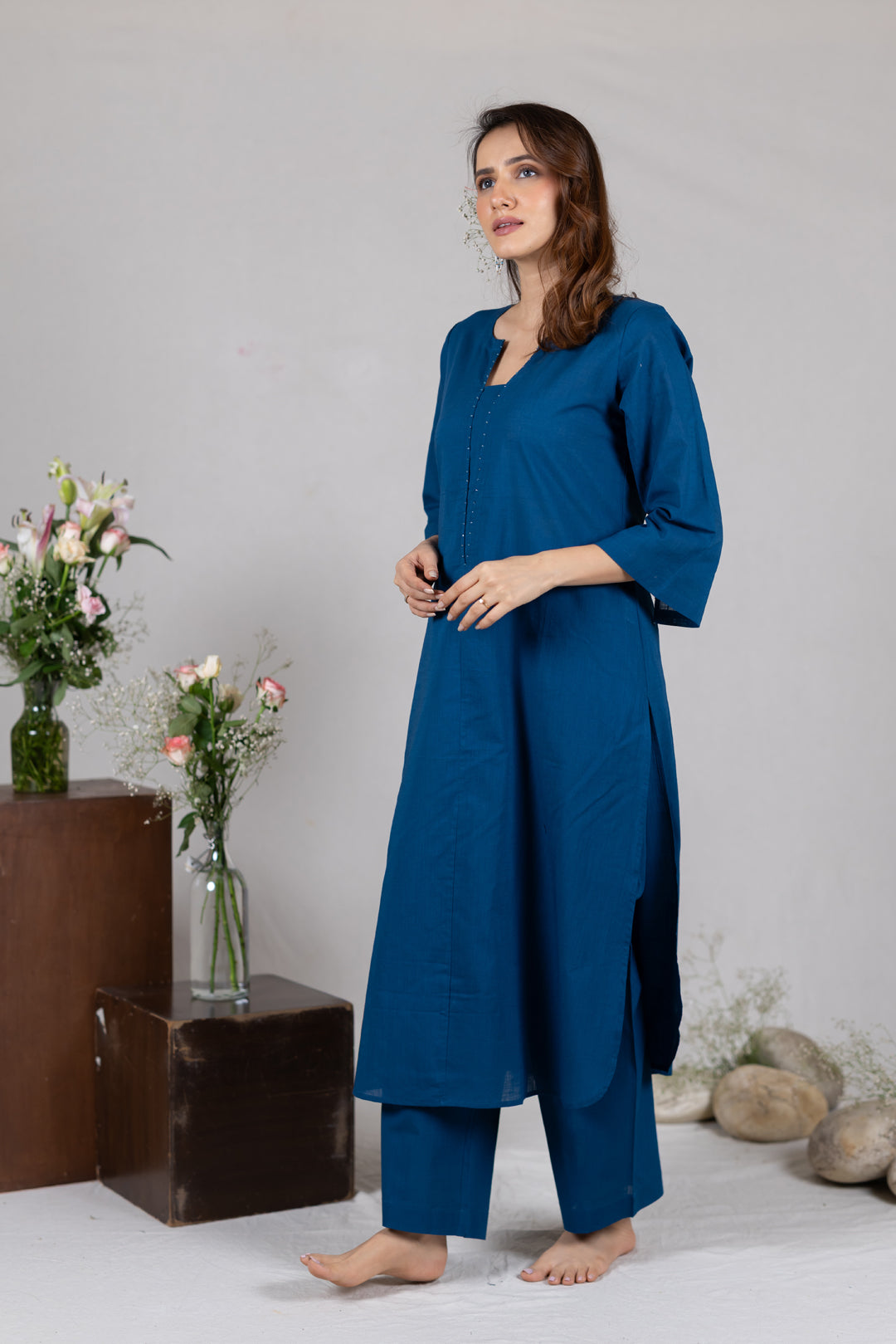 Cotton Kurta Cord Set in Solid Blue for Women – Sahaj