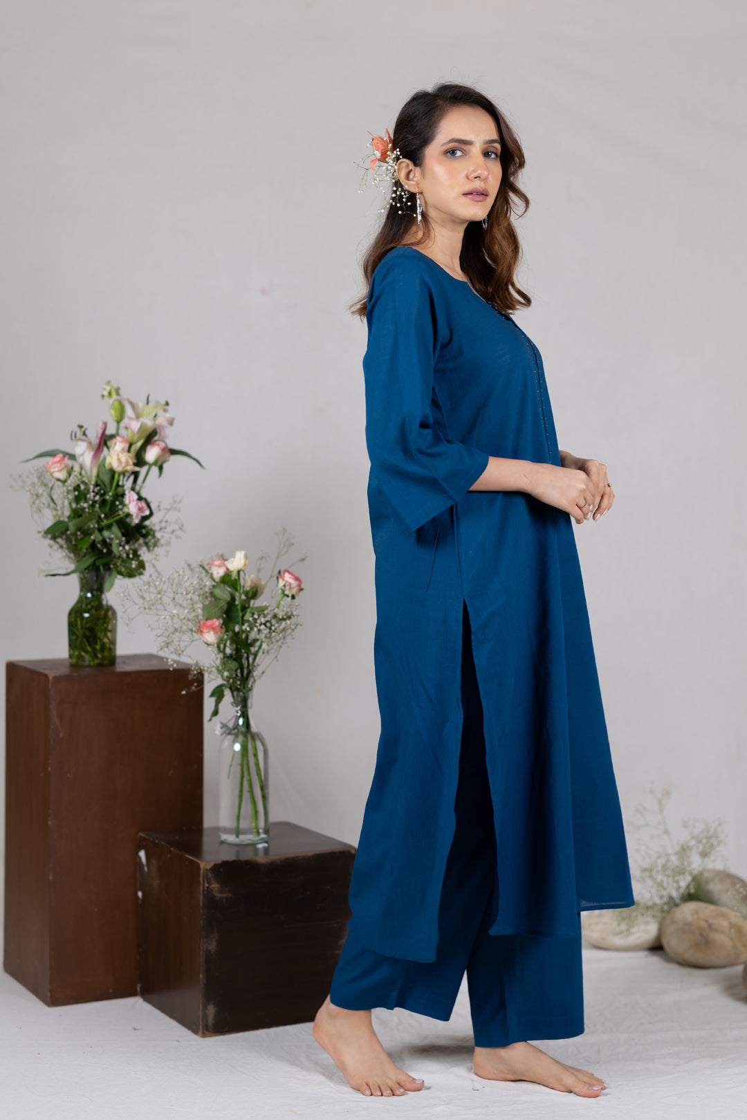 Cotton Kurta Cord Set in Solid Blue for Women – Sahaj