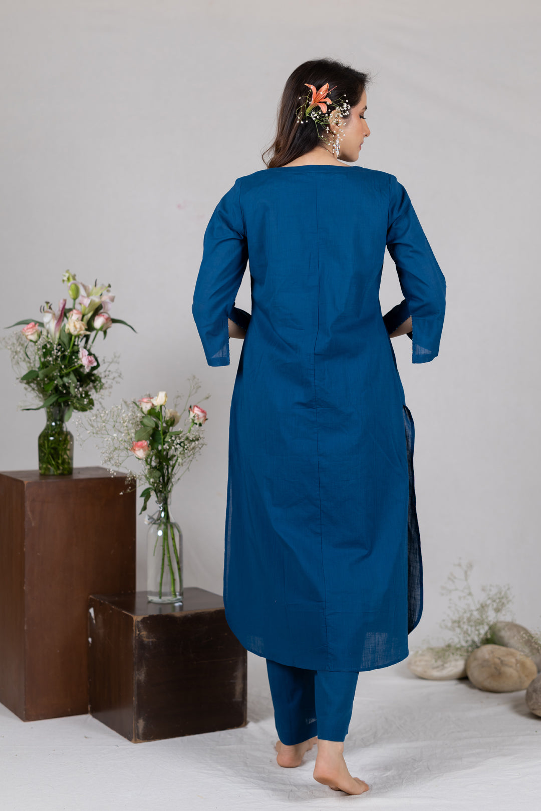 Cotton Kurta Cord Set in Solid Blue for Women – Sahaj