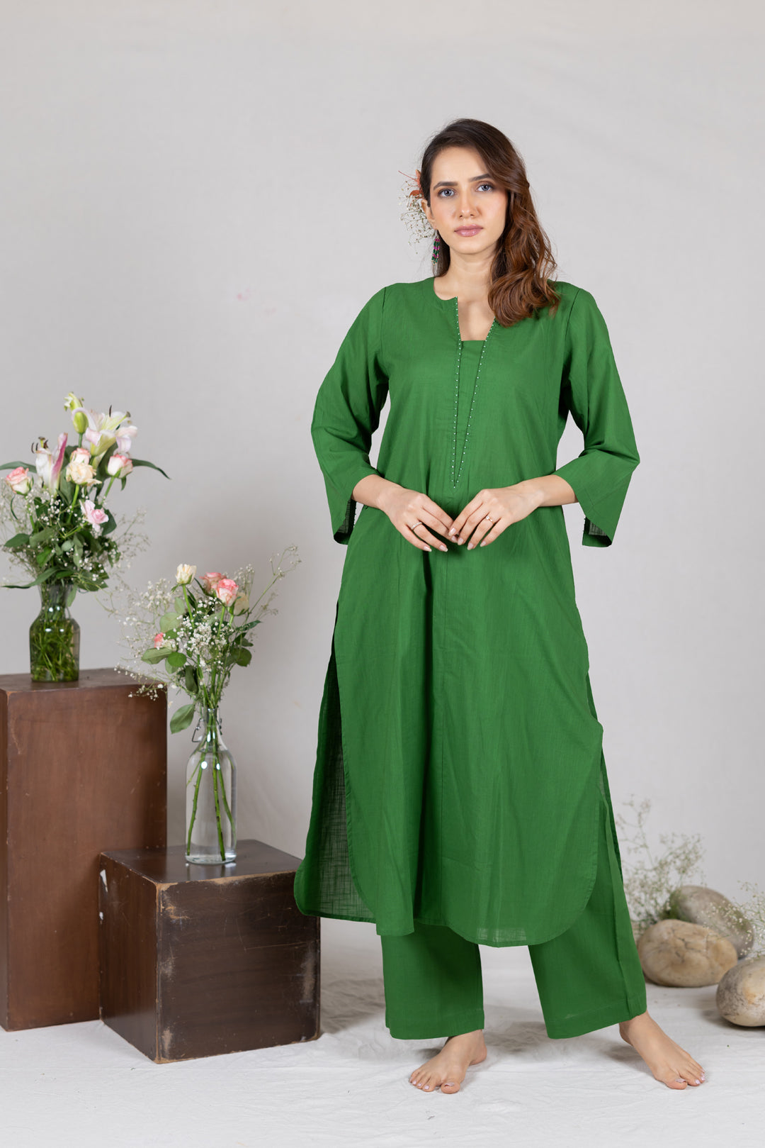 Cotton Kurta Cord Set in Solid Green for Women – Sahaj