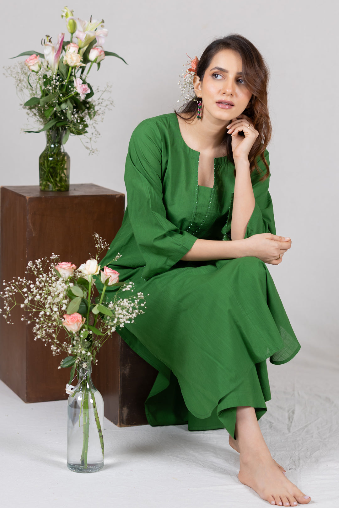 Cotton Kurta Cord Set in Solid Green for Women – Sahaj