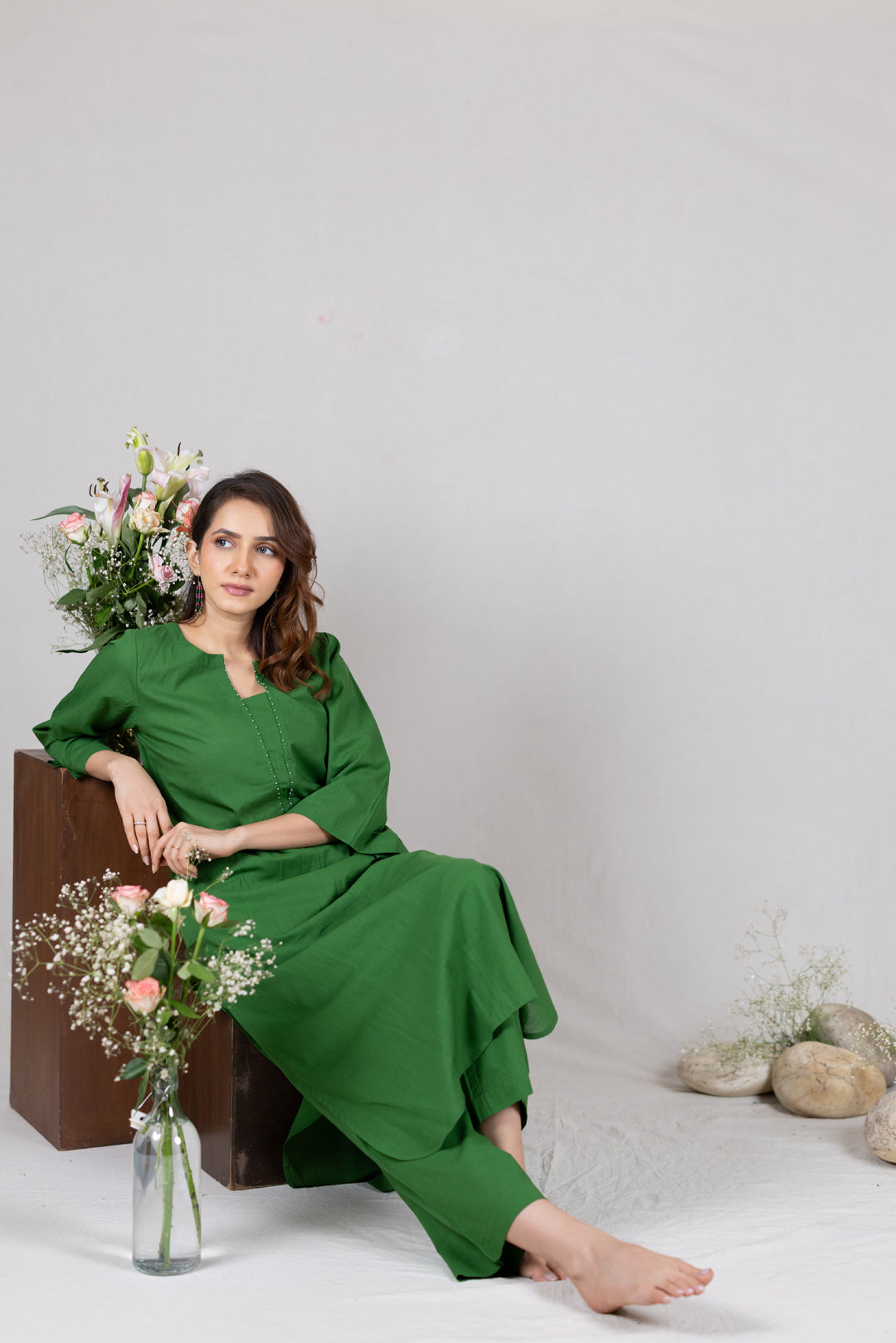 Cotton Kurta Cord Set in Solid Green for Women – Sahaj
