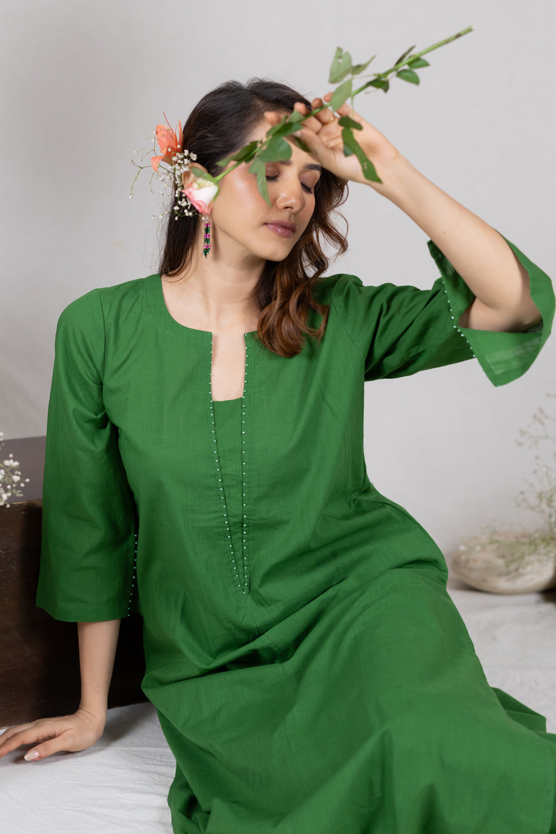 Cotton Kurta Cord Set in Solid Green for Women – Sahaj