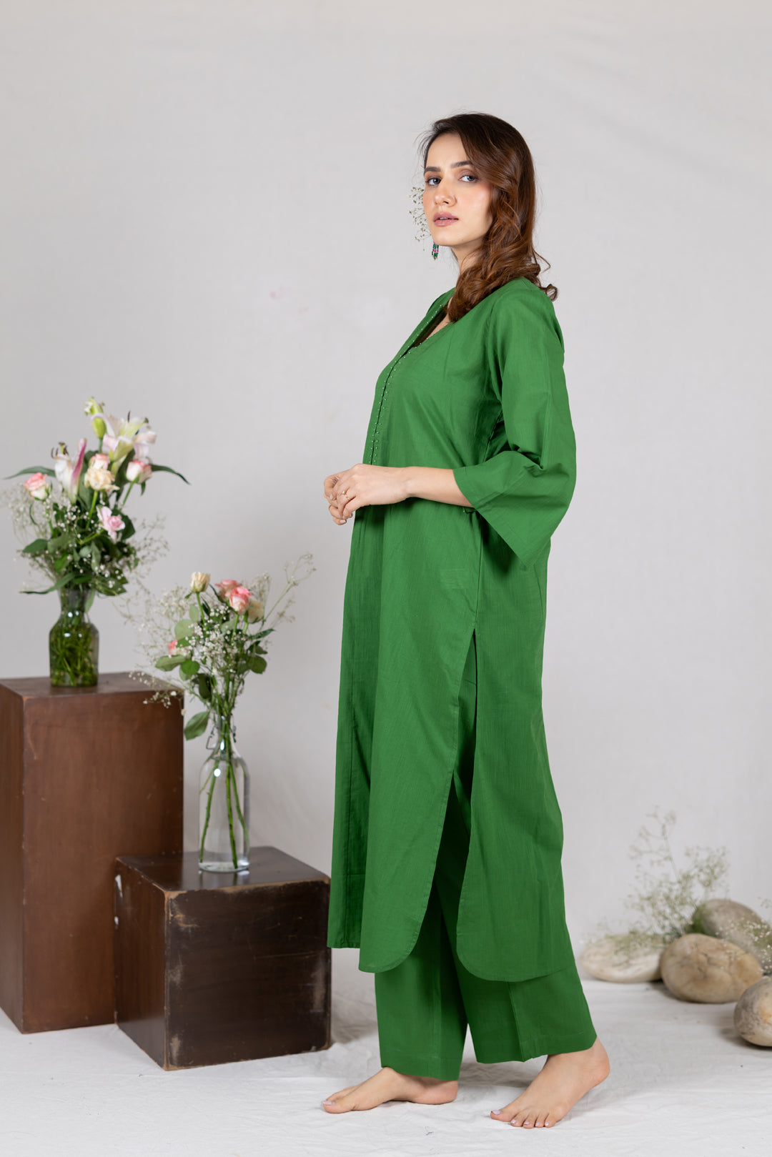 Cotton Kurta Cord Set in Solid Green for Women – Sahaj
