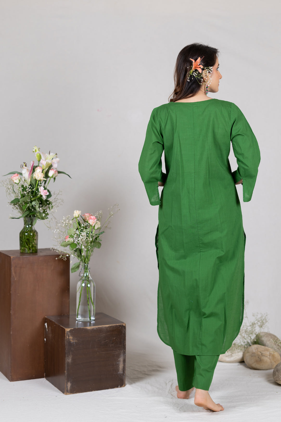 Cotton Kurta Cord Set in Solid Green for Women – Sahaj