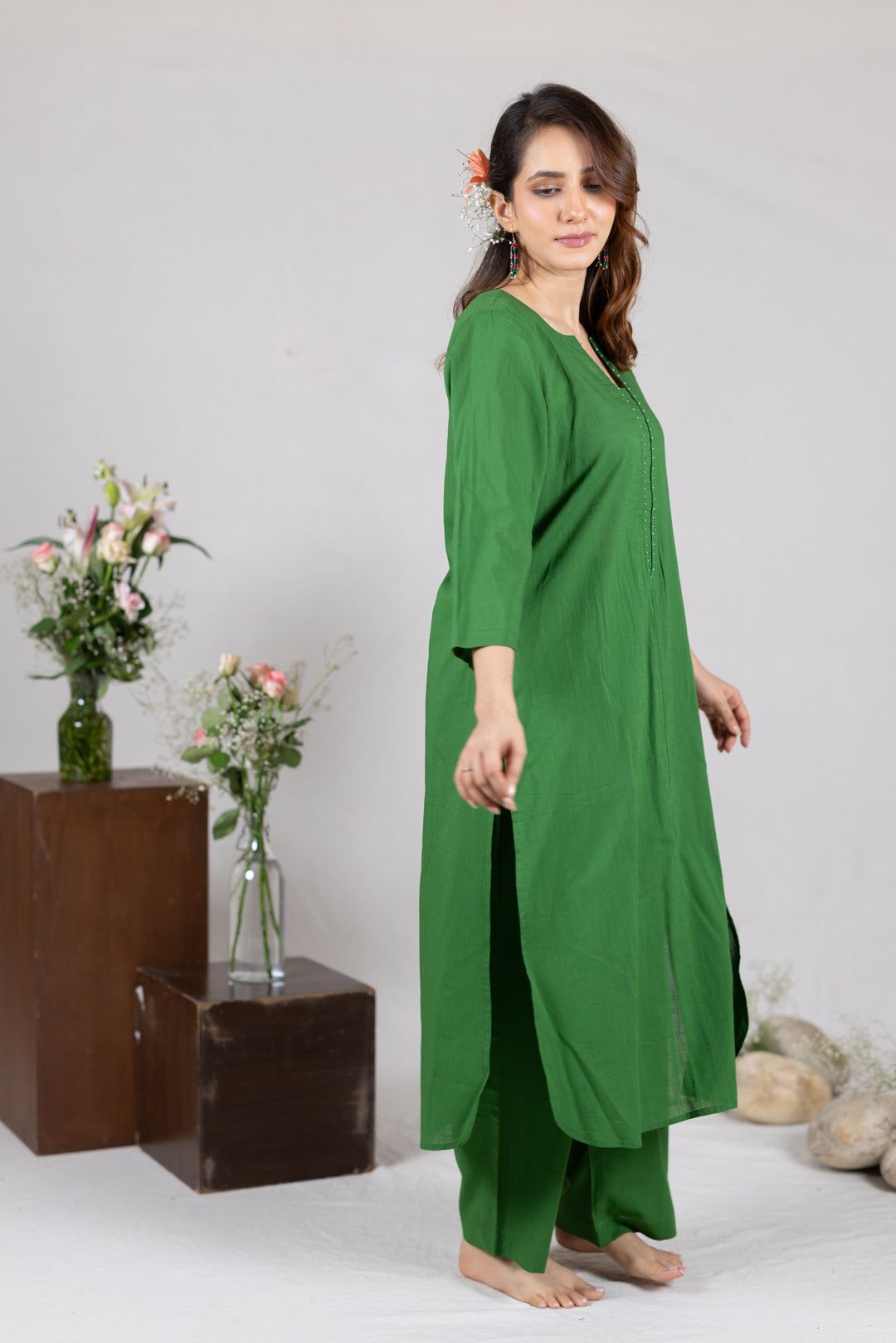 Cotton Kurta Cord Set in Solid Green for Women – Sahaj