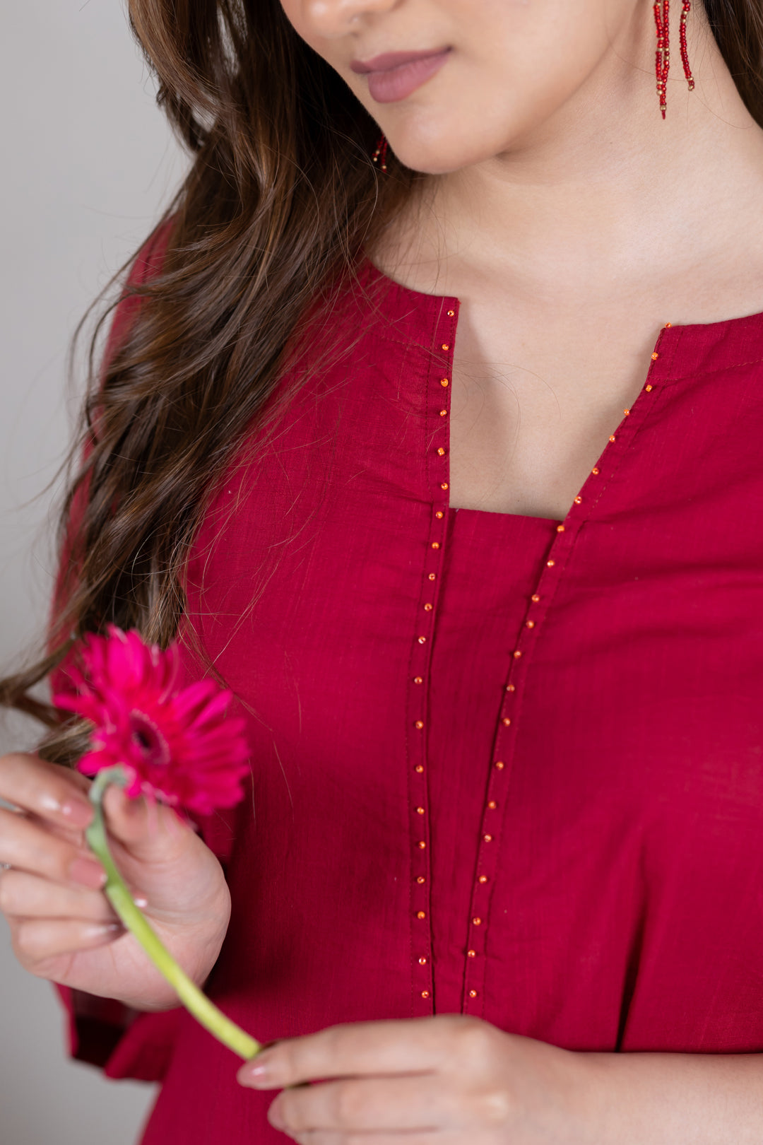 Cotton Kurta Cord Set in Solid Red for Women – Sahaj