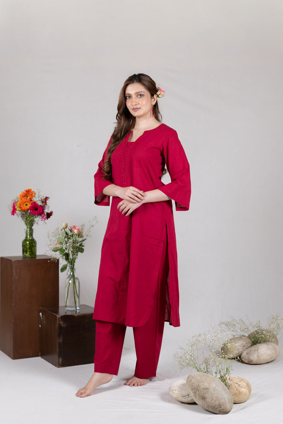 Cotton Kurta Cord Set in Solid Red for Women – Sahaj