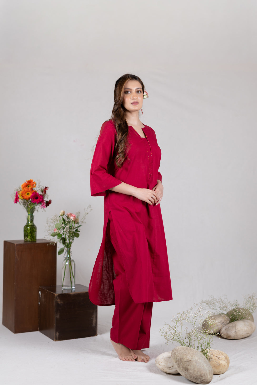 Cotton Kurta Cord Set in Solid Red for Women – Sahaj