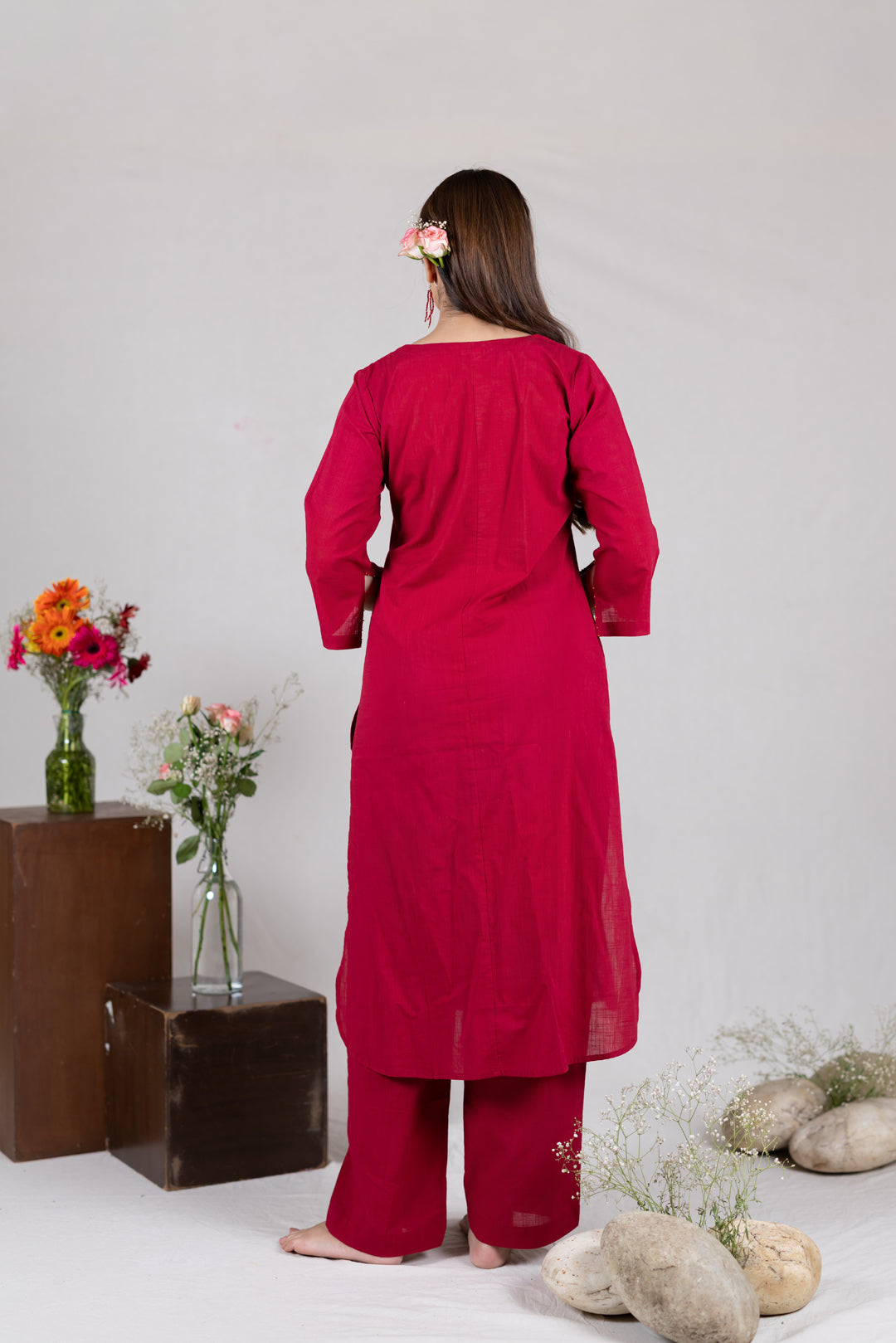 Cotton Kurta Cord Set in Solid Red for Women – Sahaj