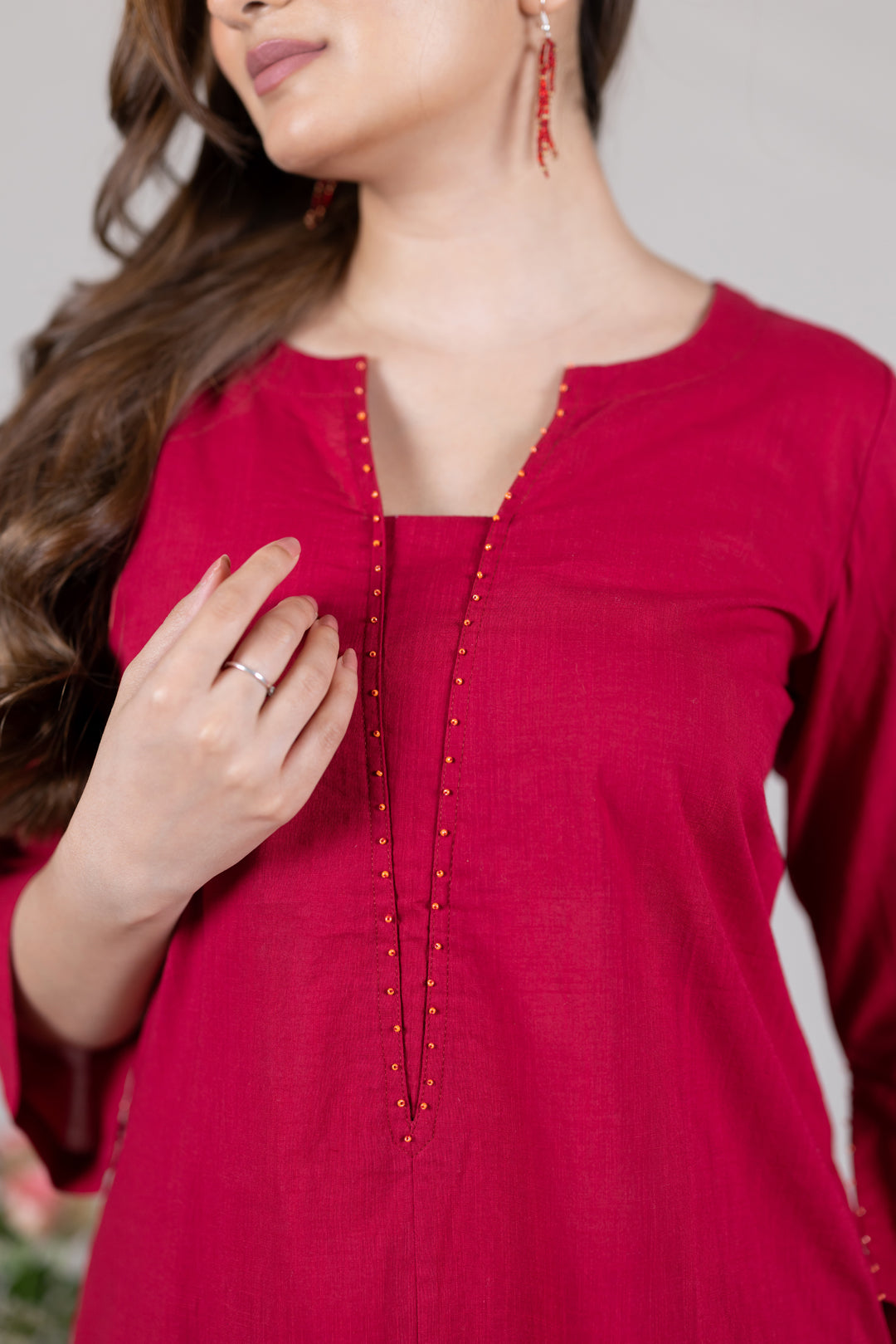 Cotton Kurta Cord Set in Solid Red for Women – Sahaj