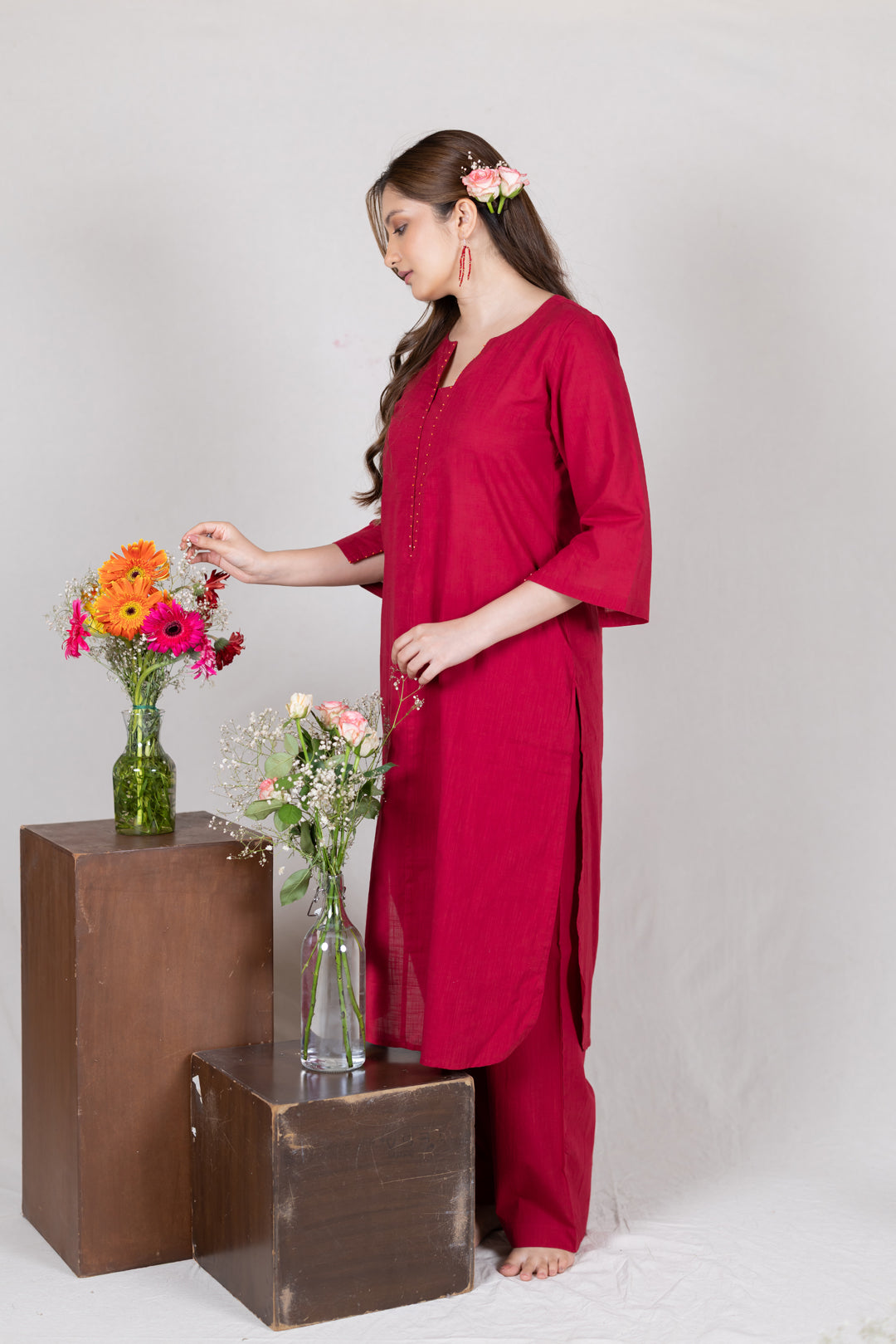 Cotton Kurta Cord Set in Solid Red for Women – Sahaj