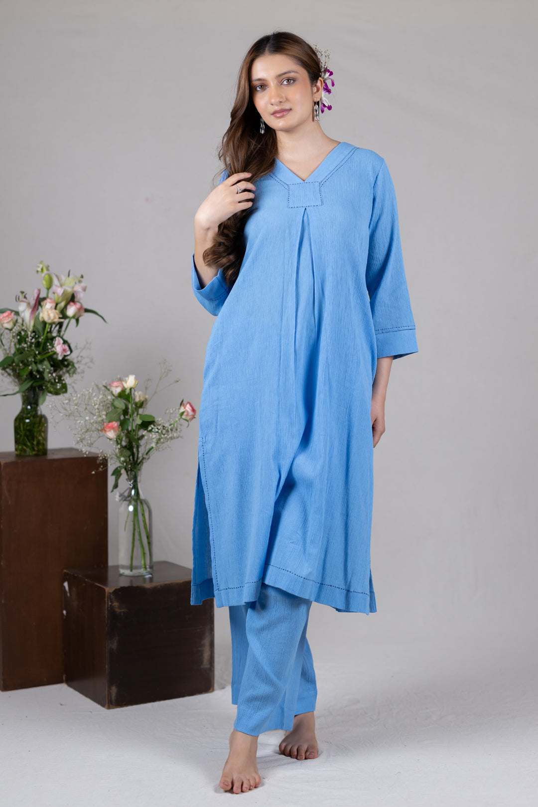 Cotton Kurta Cord Set in Solid Soft Blue for Women - Sahaj