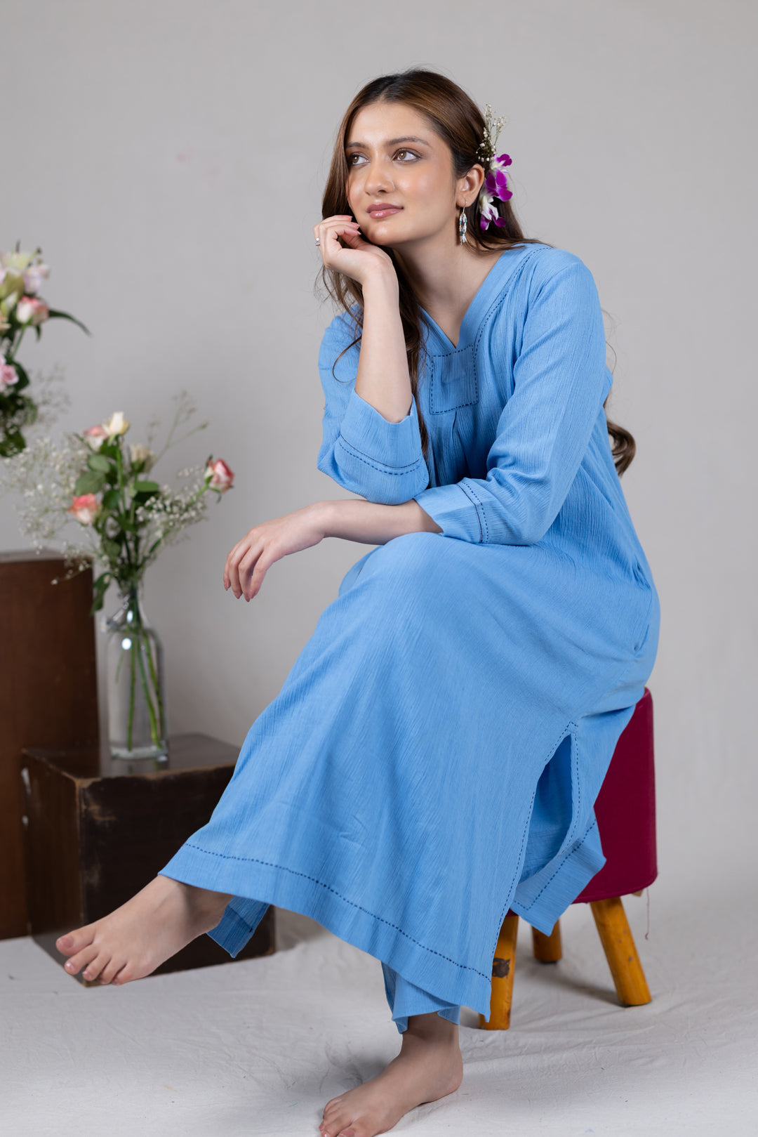 Cotton Kurta Cord Set in Solid Soft Blue for Women - Sahaj