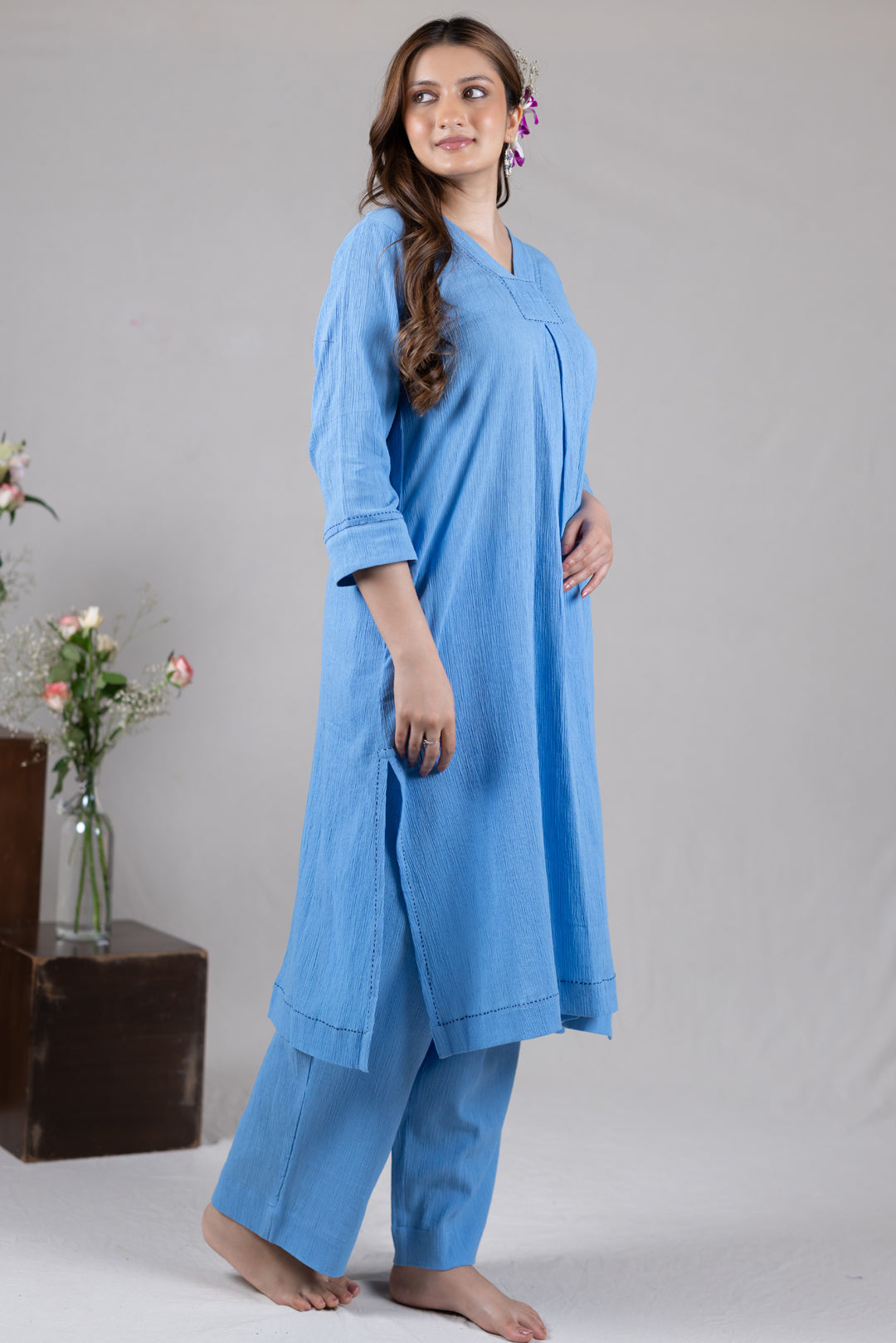 Cotton Kurta Cord Set in Solid Soft Blue for Women - Sahaj