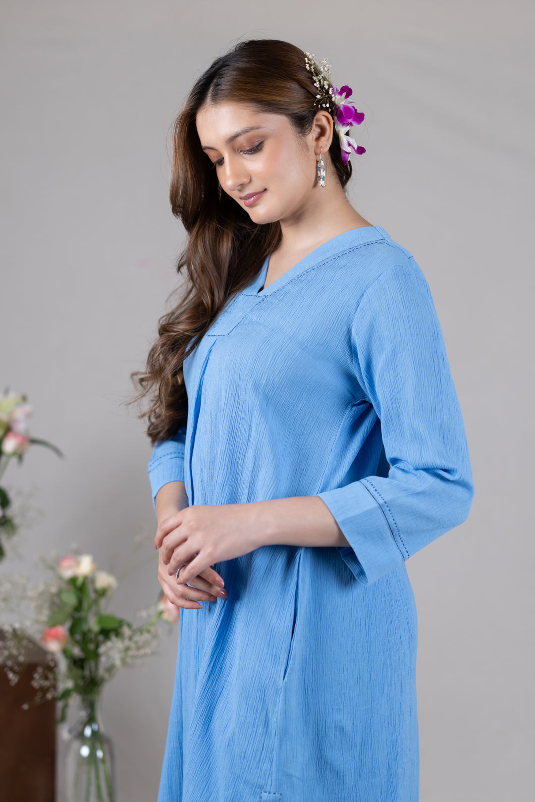 Cotton Kurta Cord Set in Solid Soft Blue for Women - Sahaj