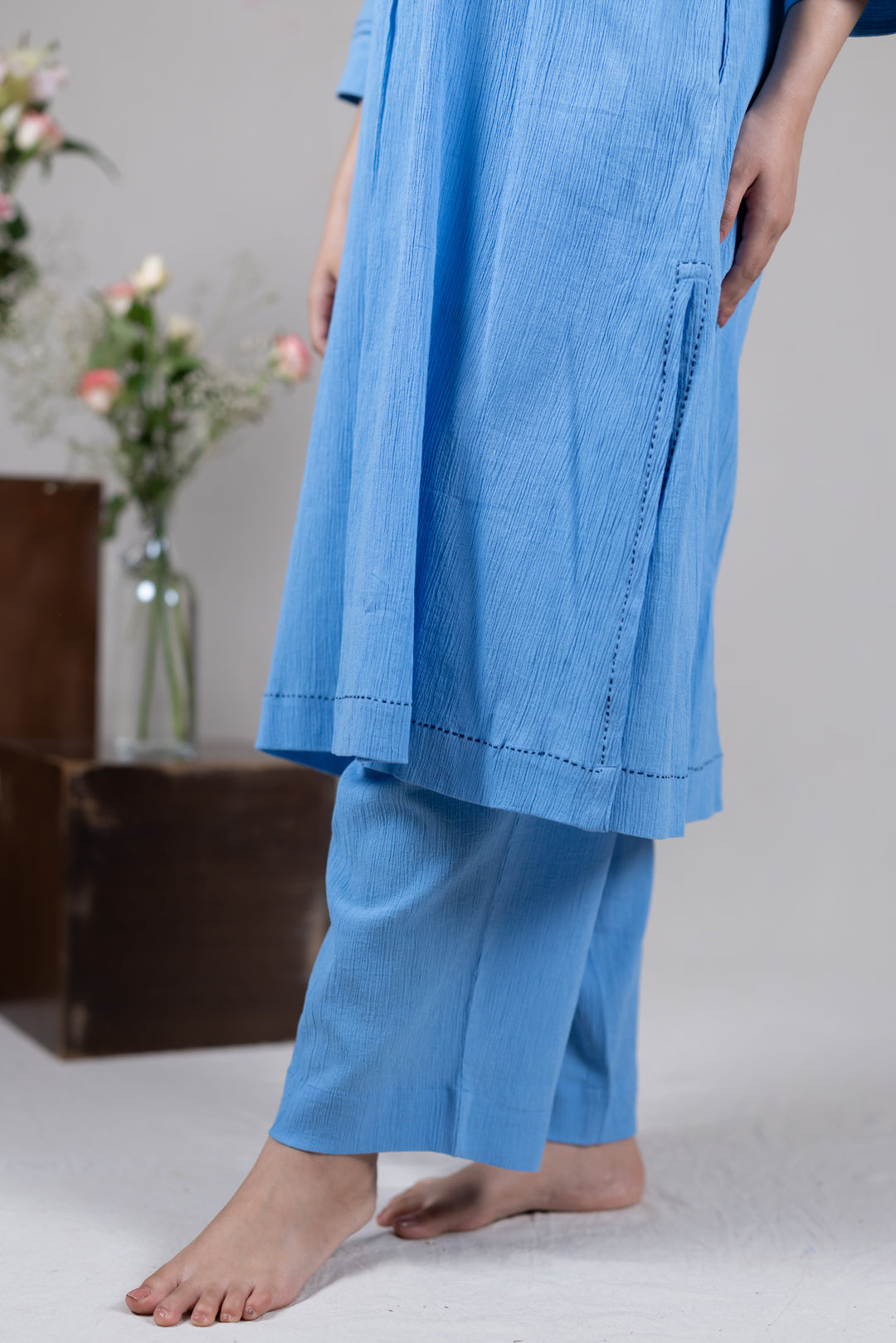 Cotton Kurta Cord Set in Solid Soft Blue for Women - Sahaj