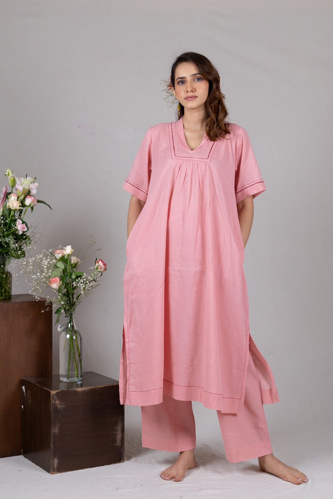 Cotton Kurta Cord Set in Solid Soft Pink for Women - Sahaj