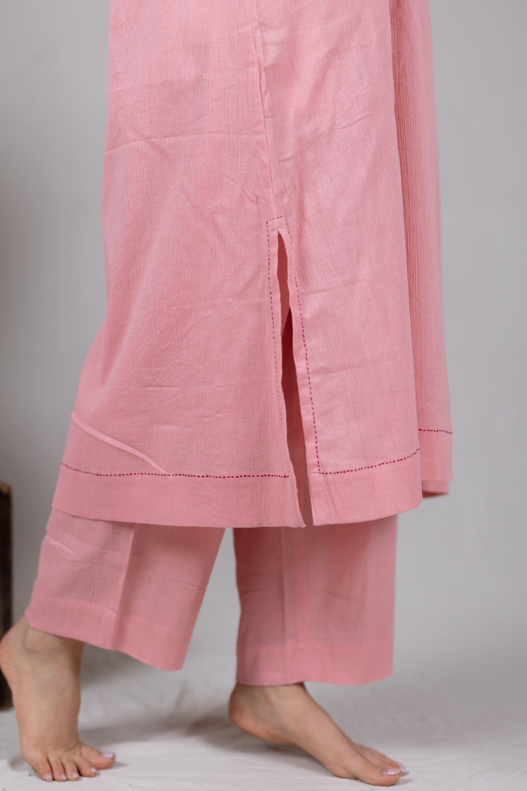 Cotton Kurta Cord Set in Solid Soft Pink for Women - Sahaj