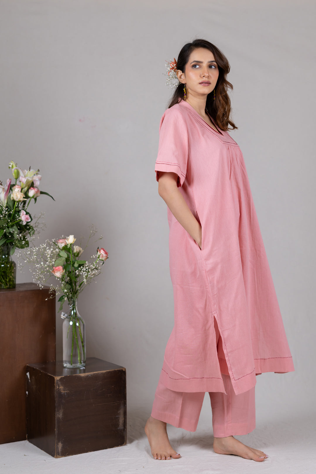 Cotton Kurta Cord Set in Solid Soft Pink for Women - Sahaj
