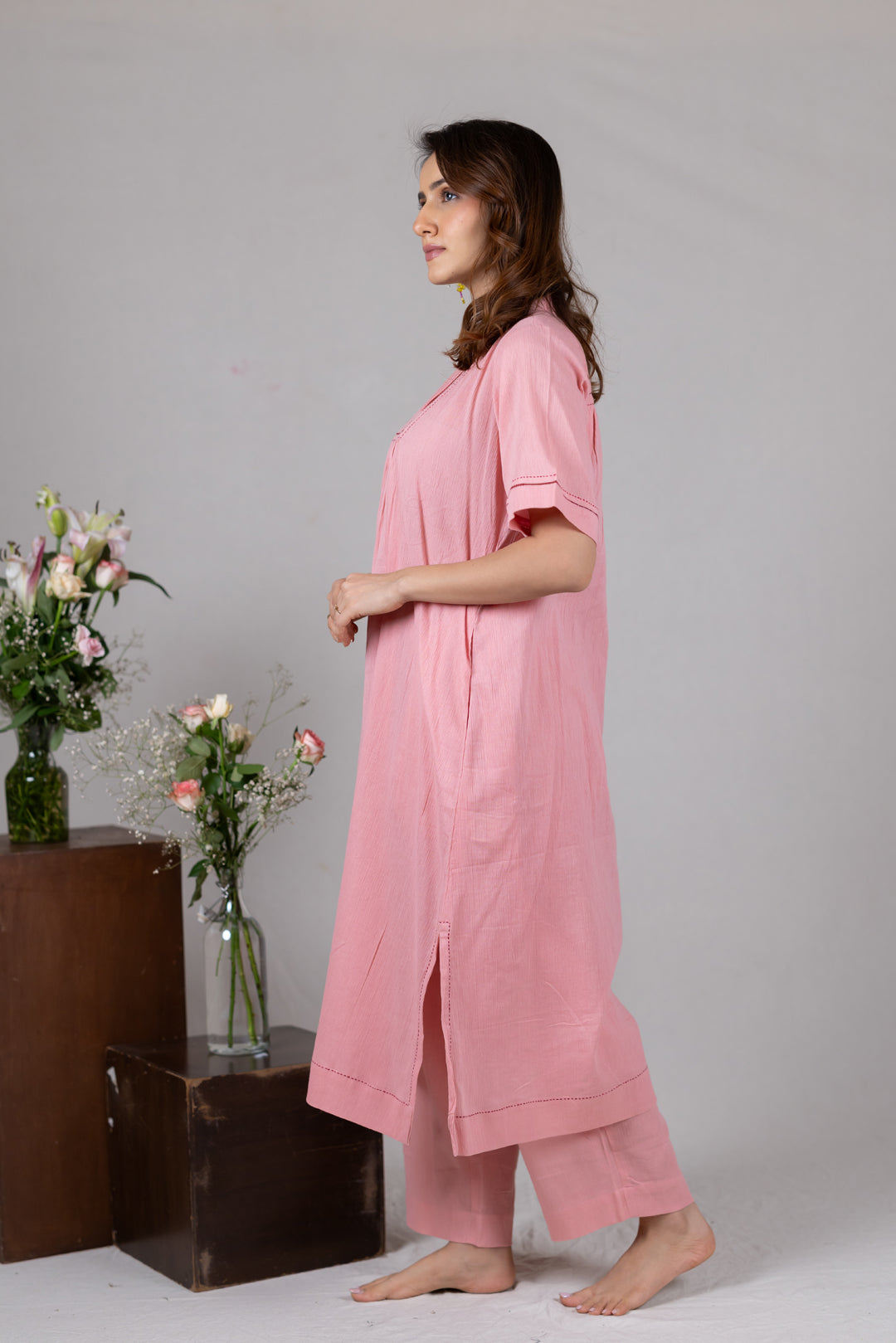 Cotton Kurta Cord Set in Solid Soft Pink for Women - Sahaj