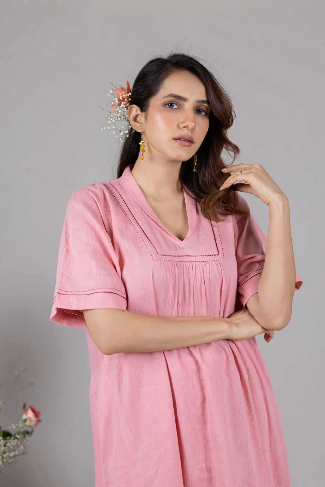 Cotton Kurta Cord Set in Solid Soft Pink for Women - Sahaj