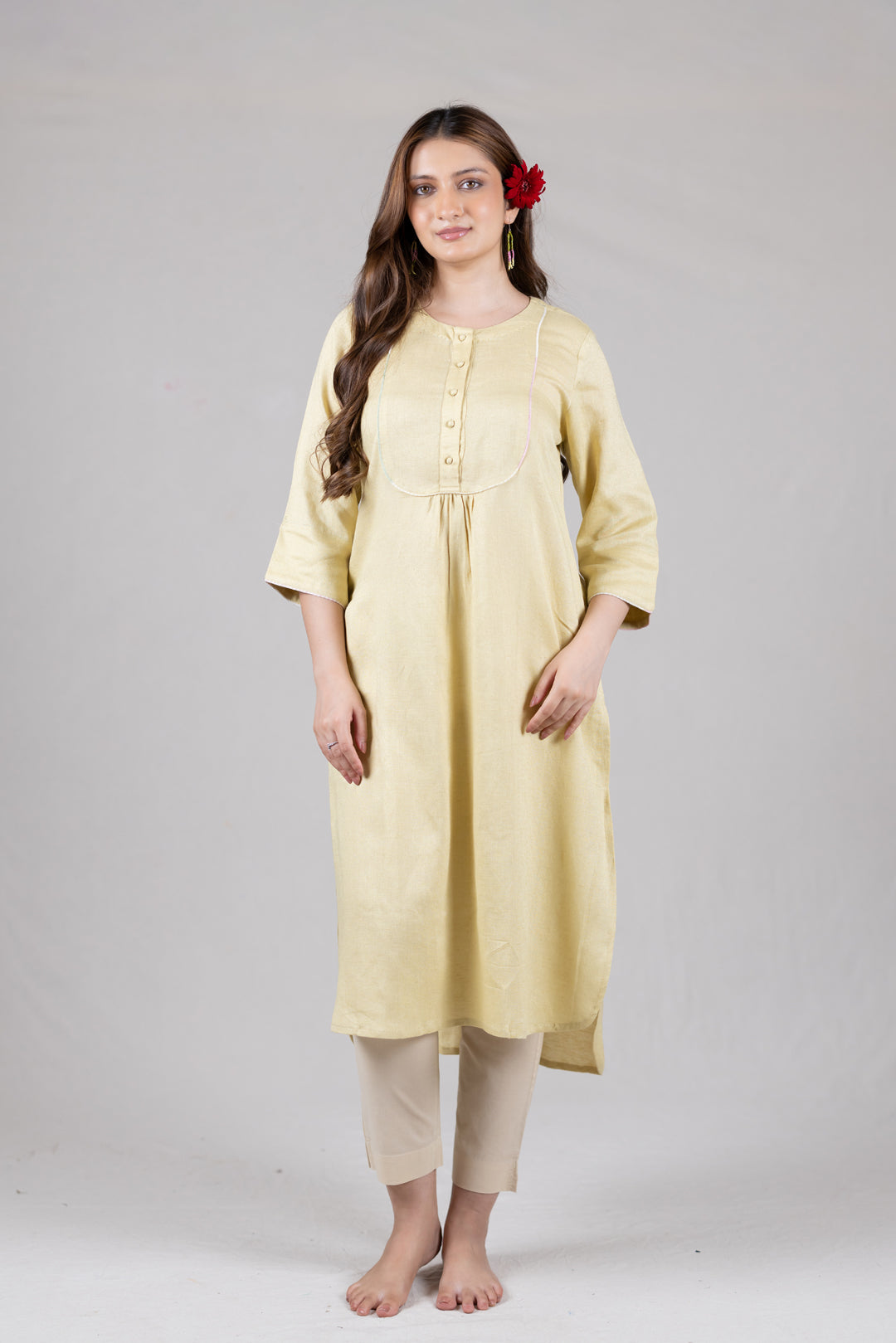 Cotton Kurta in Soft Yellow for Women - Sahaj