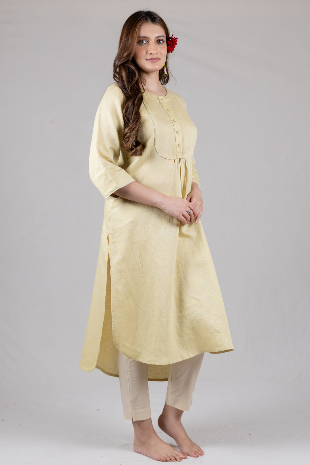 Cotton Kurta in Soft Yellow for Women - Sahaj